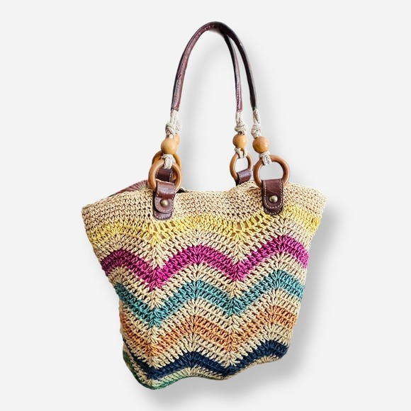 Fossil Handbags - FOSSIL Hathaway Straw Tote Bag Chevron Woven Raffia Leather Shoulder Beach Boho